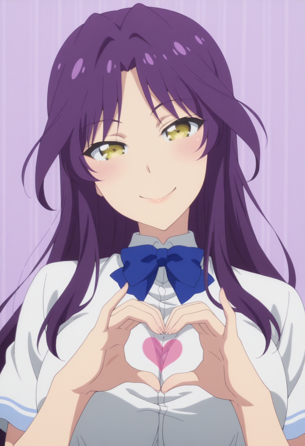anime screencap, anime coloring,   <lora:DX888Kyou:1> goshouin kyou, yellow eyes, purple hair, very long hair, parted bangs BREAK  school uniform, white shirt, blue bowtie, plaid skirt, blue skirt BREAK simple background, purple background,  striped background, BREAK 1girl, blush, breasts,  hands up, (head tilt:1.2), heart hands, looking at viewer, portrait, solo, upper body,  4-finger heart hands, smile