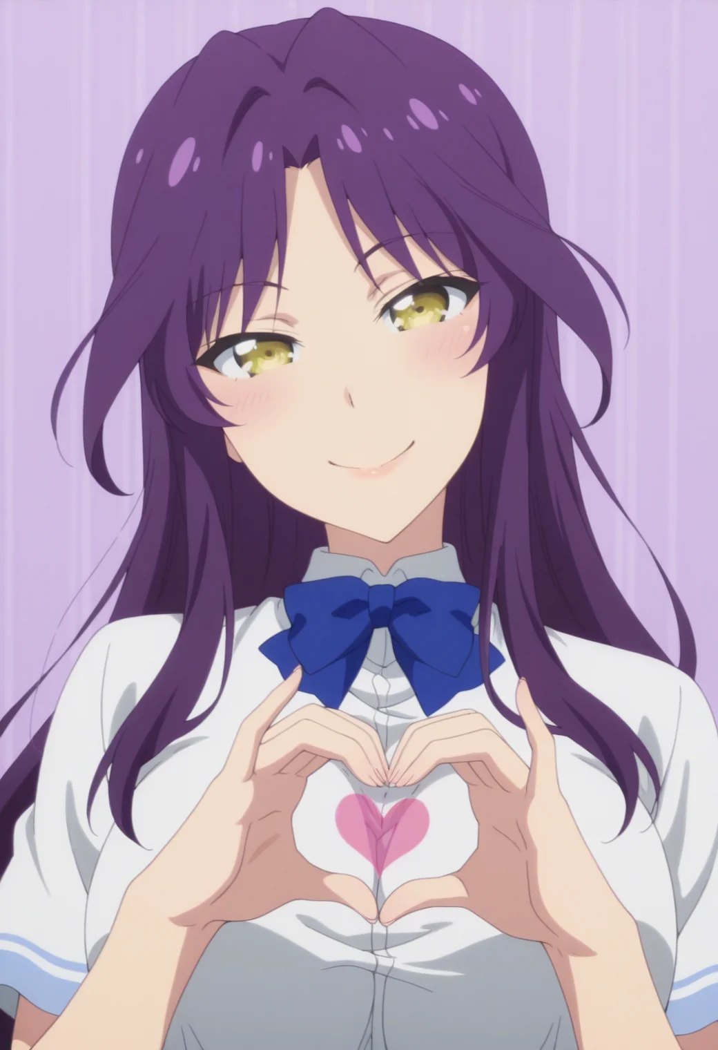 anime screencap, anime coloring, <lora:DX888Kyou:1> goshouin kyou, yellow eyes, purple hair, very long hair, parted bangs BREAK school uniform, white shirt, blue bowtie, plaid skirt, blue skirt BREAK simple background, purple background, striped background, BREAK 1girl, blush, breasts, hands up, (head tilt:1.2), heart hands, looking at viewer, portrait, solo, upper body, 4-finger heart hands, smile