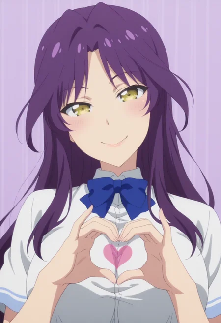 anime screencap, anime coloring,   <lora:DX888Kyou:1> goshouin kyou, yellow eyes, purple hair, very long hair, parted bangs BREAK  school uniform, white shirt, blue bowtie, plaid skirt, blue skirt BREAK simple background, purple background,  striped background, BREAK 1girl, blush, breasts,  hands up, (head tilt:1.2), heart hands, looking at viewer, portrait, solo, upper body,  4-finger heart hands, smile