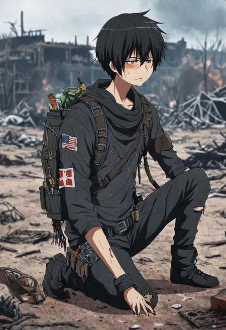 high resolution, solo, best quality, 1Boy, Kanie Seiya, Black Hair, shallow depth of field, Post-Apocalyptic, survival, OverallDetail