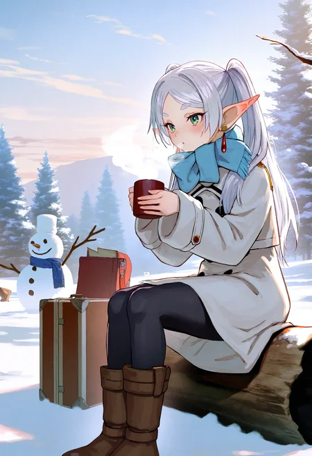 frieren, 1girl, elf, artist:[lack|fuzichoco|lam|kinta \(distortion\)|wlop|nixeu|happoubi jin|miyajima reiji], snowman, outdoors, sitting, blue scarf, twintails, holding cup, boots, log, earrings, mug, solo, suitcase, forest, bare tree, parted bangs, sky, white hair, steam, long hair, breath, black pantyhose, winter clothes, coat, long sleeves, fringe trim, blush, cloud, book, brown footwear, impasto, vignetting, chiaroscuro,
masterpiece, best quality, very aesthetic, absurdres, newest
<lora:noobai_vpred_1_aqm_complete_v3:1>