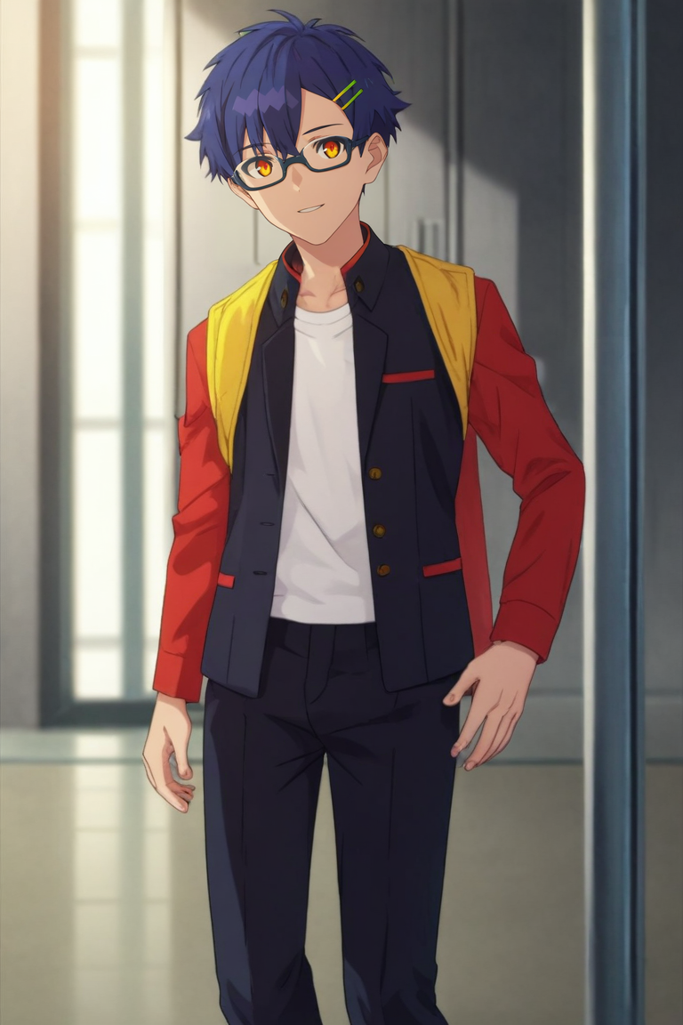 score_9, score_8_up, score_7_up, source_anime, rating_safe, intricate details, (photorealistic:0.6), , depth of field, 1boy, solo, male focus, <lora:yomogi_asanaka_pony:0.86>, yomogi_asanaka, blue hair, orange eyes, short hair, bangs, hair between eyes, hairclip, hair ornament, glasses, straight-on, spaceship, dark, standing on one leg, naughty smile, , <lora:sdxl_lightning_8step_lora:1>