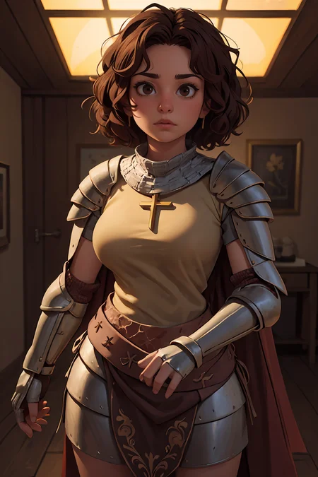 (masterpiece, best quality, highres, high resolution:1.2), extremely detailed, intricate details, 1girl, solo, looking at viewer, clamLena, <lora:clamLena:0.6>, <lora:attire_ro_knight-16:0.85>, ragnarokknight, armor, breastplate, cross, pauldrons, cape, gauntlets, chainmail, short hair, curly hair, afro, brown hair, brown eyes, <lora:weight_slider_v2:0.65> (cinematic lighting, bloom, volumetric),