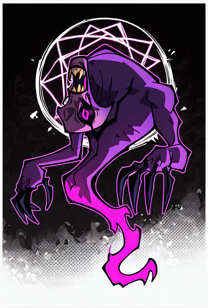 <lora:zskayr-10:1> zskayr, no humans, solo, monster, teeth, black claws, pokemon (creature), single purple eye, , purple skin, sharp teeth, , black sclera,, ghost tail, full body, no legs, dynamic pose, <lora:sakfsdajfkasd:1> alpharecdyt, pentagram, purple flames, demon, dark cult,, upper body, halftone effect, white borders, abstract background:1.2,, masterpiece, best quality, amazing quality, very aesthetic, absurdres, newest,