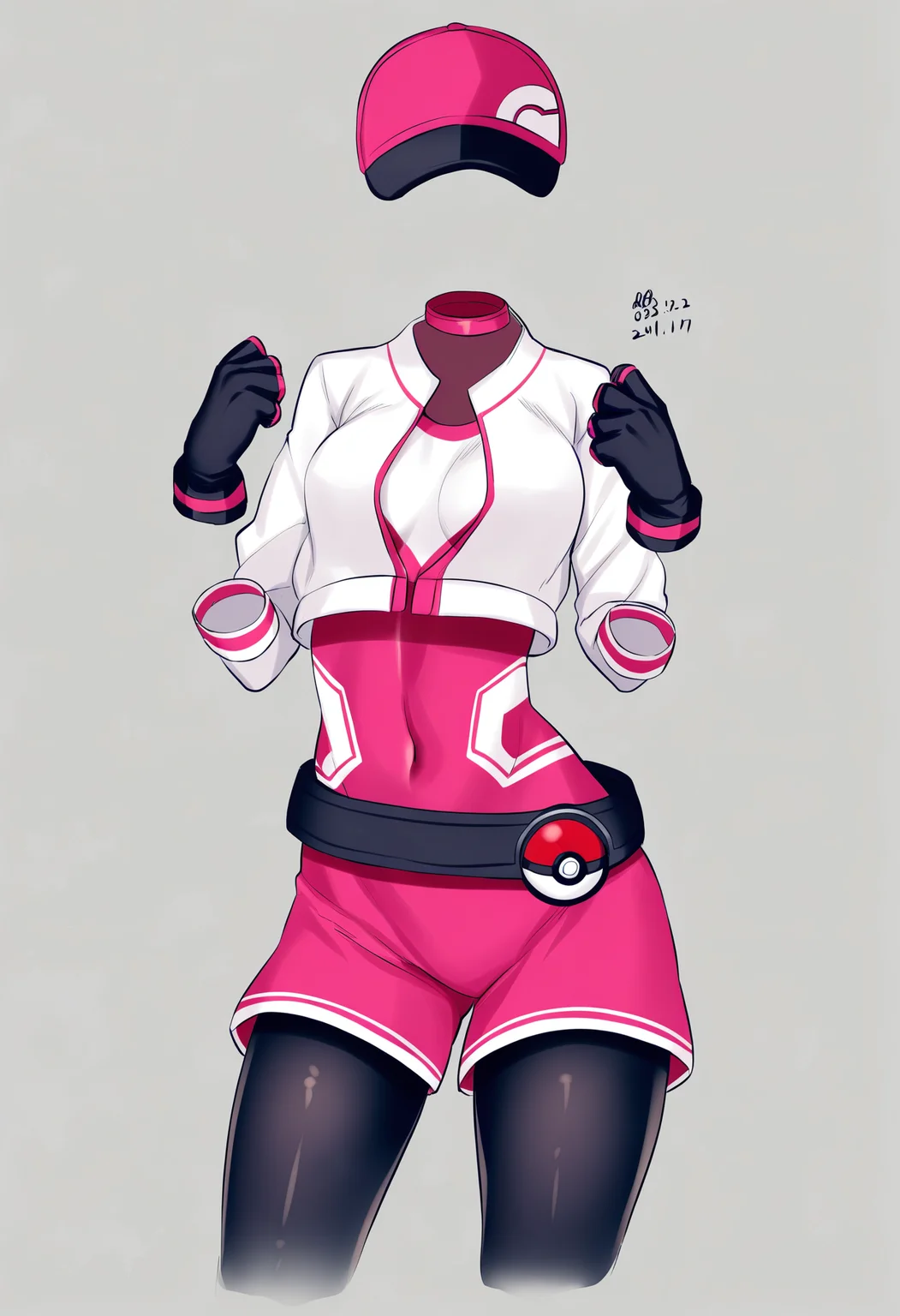 <lora:XL_invisible person(noob)-000006:1>,transparent,invisible person,1girl,solo,gloves,poke ball,breasts,female protagonist (pokemon go),hat,belt,white background,simple background,black gloves,medium breasts,cropped jacket,bodysuit,baseball cap,shorts,cropped legs,poke ball (basic),jacket,artist name,skin tight,dated,cowboy shot,red headwear,leggings,headless,covered navel,standing,cosplay,pink shorts,, masterpiece,best quality,masterpiece