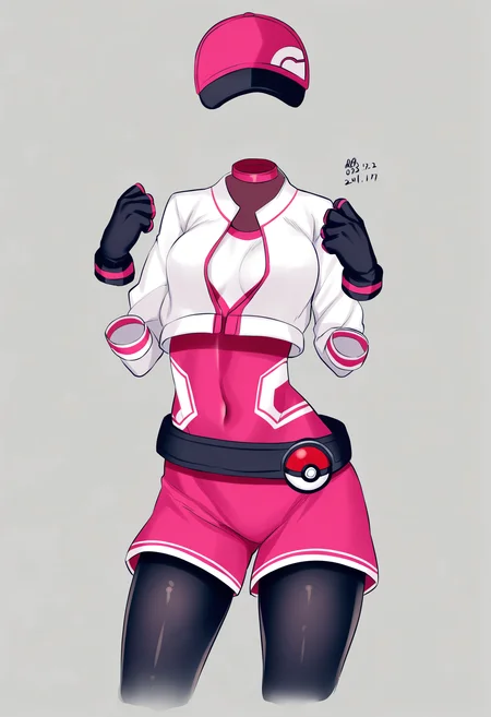 <lora:XL_invisible person(noob)-000006:1>,transparent,invisible person,1girl,solo,gloves,poke ball,breasts,female protagonist (pokemon go),hat,belt,white background,simple background,black gloves,medium breasts,cropped jacket,bodysuit,baseball cap,shorts,cropped legs,poke ball (basic),jacket,artist name,skin tight,dated,cowboy shot,red headwear,leggings,headless,covered navel,standing,cosplay,pink shorts,, masterpiece,best quality,masterpiece