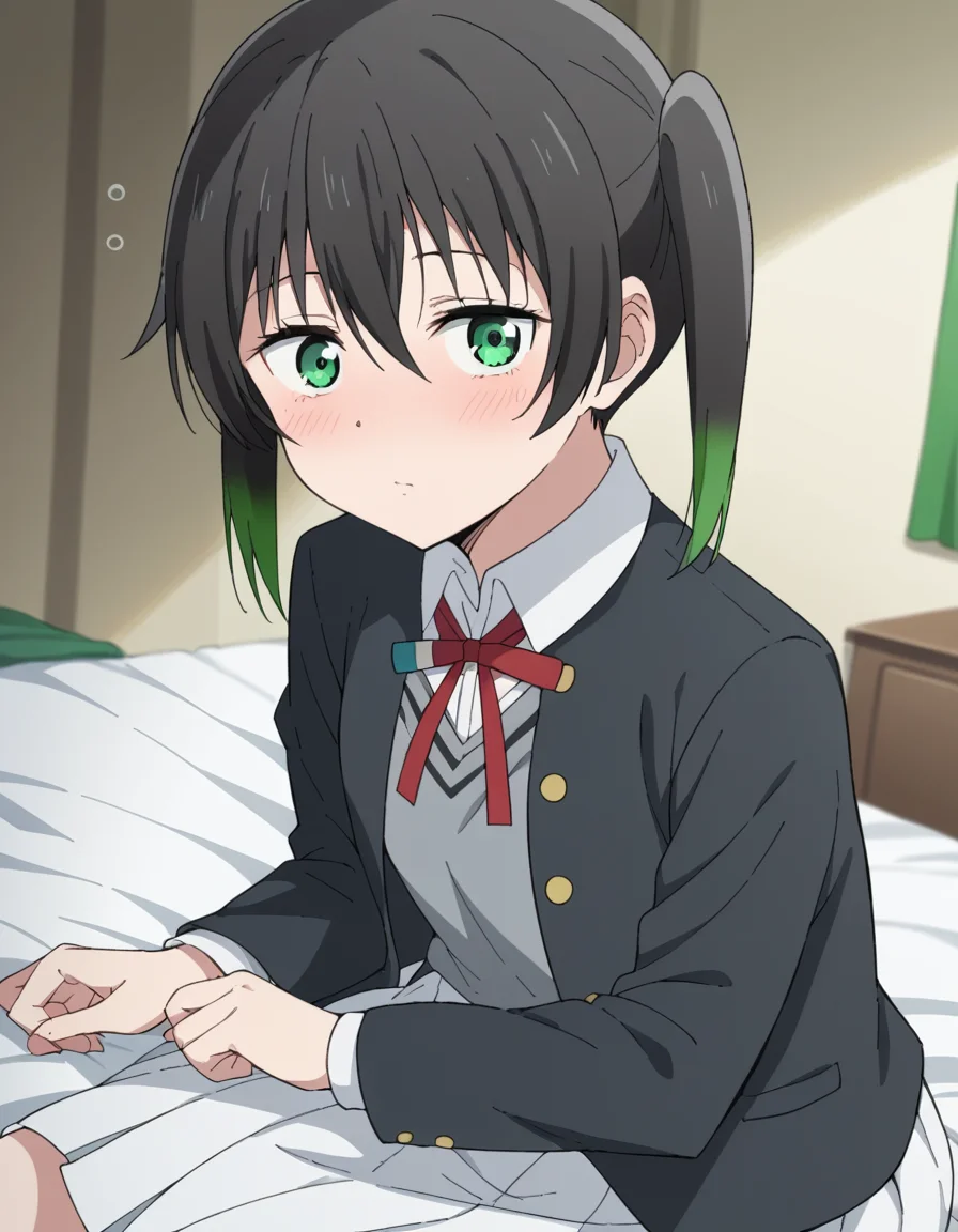 score_9, score_8_up, score_7_up, source_anime, <lora:yuu-takasaki-s2-ponyxl-lora-nochekaiser:1>, yuu takasaki, bangs, black hair, hair between eyes, twintails, green eyes, multicolored hair, green hair, medium hair, two-tone hair, gradient hair,, skirt, long sleeves, school uniform, jacket, red ribbon, black jacket, blazer, nijigasaki academy school uniform, white skirt,, indoors, bed, bed room, on side, blush, drunk, looking at viewer, solo,, cowboy shot, dutch angle