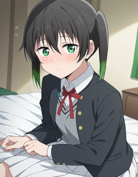 score_9, score_8_up, score_7_up, source_anime, <lora:yuu-takasaki-s2-ponyxl-lora-nochekaiser:1>, yuu takasaki, bangs, black hair, hair between eyes, twintails, green eyes, multicolored hair, green hair, medium hair, two-tone hair, gradient hair,, skirt, long sleeves, school uniform, jacket, red ribbon, black jacket, blazer, nijigasaki academy school uniform, white skirt,, indoors, bed, bed room, on side, blush, drunk, looking at viewer, solo,, cowboy shot, dutch angle