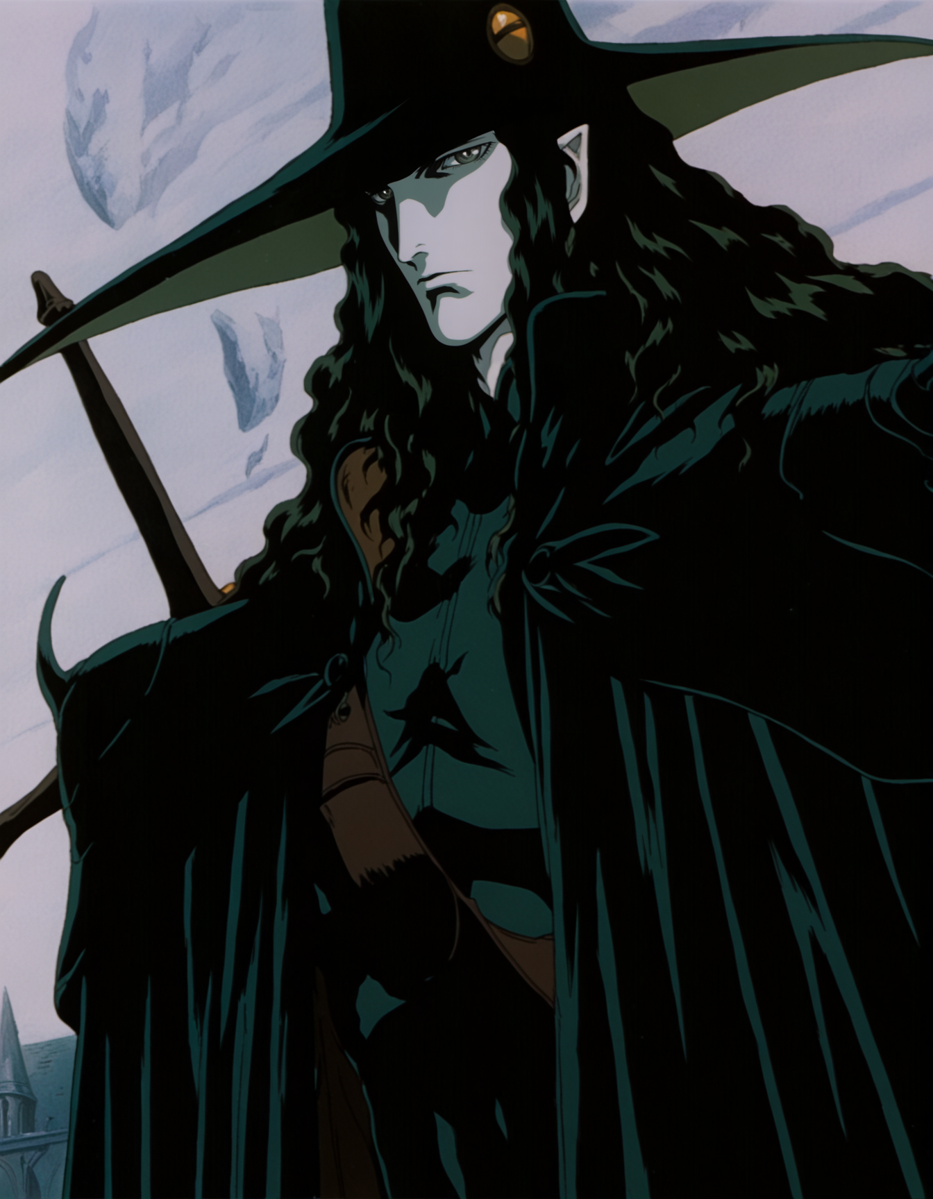 best quality, highres, absurdres, (traditional media, refined digital media \(artwork\):0.6),  masterpiece, anime screenshot, 1990s (style),
(artist: sabu \(sabudenego\):0.6),universal portrait, angle, dynamic, perspective, solo,
d \(vampire hunter d\), pale skin,1boy, male focus, hat, pointy ears, black hair, long hair,  sword, upper body, dark theme, outdoors, shirt,  <lora:Vampire Hunter D Illustrious-step00000700:0.9>