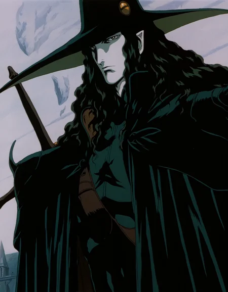 best quality, highres, absurdres, (traditional media, refined digital media \(artwork\):0.6),  masterpiece, anime screenshot, 1990s (style),
(artist: sabu \(sabudenego\):0.6),universal portrait, angle, dynamic, perspective, solo,
d \(vampire hunter d\), pale skin,1boy, male focus, hat, pointy ears, black hair, long hair,  sword, upper body, dark theme, outdoors, shirt,  <lora:Vampire Hunter D Illustrious-step00000700:0.9>