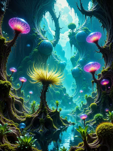 ultra-high-resolution, 8k, 4k, professional nature photography, national geographic style, nat geo, science fiction ecosystem, fractal geometry, a haunting alien swamp stretches under an otherworldly sky, the foreground features a radiant carnivorous plant with curling fronds that bristle with luminous, dew-tipped tendrils, each filament refracts the ambient light like micro-prisms, creating shimmering halos in the mist, the plant is nestled in a shallow pool of viscous, translucent liquid, surrounded by sponge-like soil covered in creeping mosses of electric blue and soft coral-pink, the plants trap-like structure unfurls in concentric spirals, its interior lined with twitching sensory filaments and sticky bulbs that pulse with faint internal light, several small alien insects winged, translucent, and bioluminescent hover hesitantly nearby, while others hang limp in the traps grasp, their iridescent wings tangled in the mucosal strands, to the left, a towering stalk-like predator plant rises from the mist, with pulsating vents and a membranous crest that flexes with a slow, rhythmic motion, further back, bulbous pitcher-like organisms breathe in puffs of glowing mist from the marsh surface, and strange fungi pulse with a faint pink glow across the twisted roots of sunken trees, their reflections warped by the murky waters, the background recedes into a surreal, twilight-hued wetland filled with gnarled, root-laced trees partially submerged in the peat-colored waters, above the trees, an alien moon with jagged craters hangs low behind strands of drifting galactic cloud, partially lighting the scene with a cool silvery glow that contrasts with the soft golden tones of bioluminescence rising from the terrain, camera angle is medium-wide, focused primarily on the carnivorous plant in the foreground but capturing enough depth and detail to convey the richness of the swamp ecosystem, with a cinematic balance between natural science framing and artistic composition, lighting is a mix of ambient celestial glow and environmental bioluminescence, creating soft diffused highlights, subtle color bleeding, and rich contrasts in texture, moisture, and transparency, captured with high-resolution digital sensor using naturalistic macro-zoom lens with wide aperture, no artificial staging, image appears authentic and organic, like a still frame from a field biology expedition on an exoplanet, ovg, alienplants, artilands02, aidmaimageupgrader, <lora:alien_plants-flux-by_chronoknight:0.68> <lora:style-fantastic_landscapes-v2-flux-by_artifyai:0.8> <lora:image_upgrader-v0.3-flux-by_aidma:0.48>