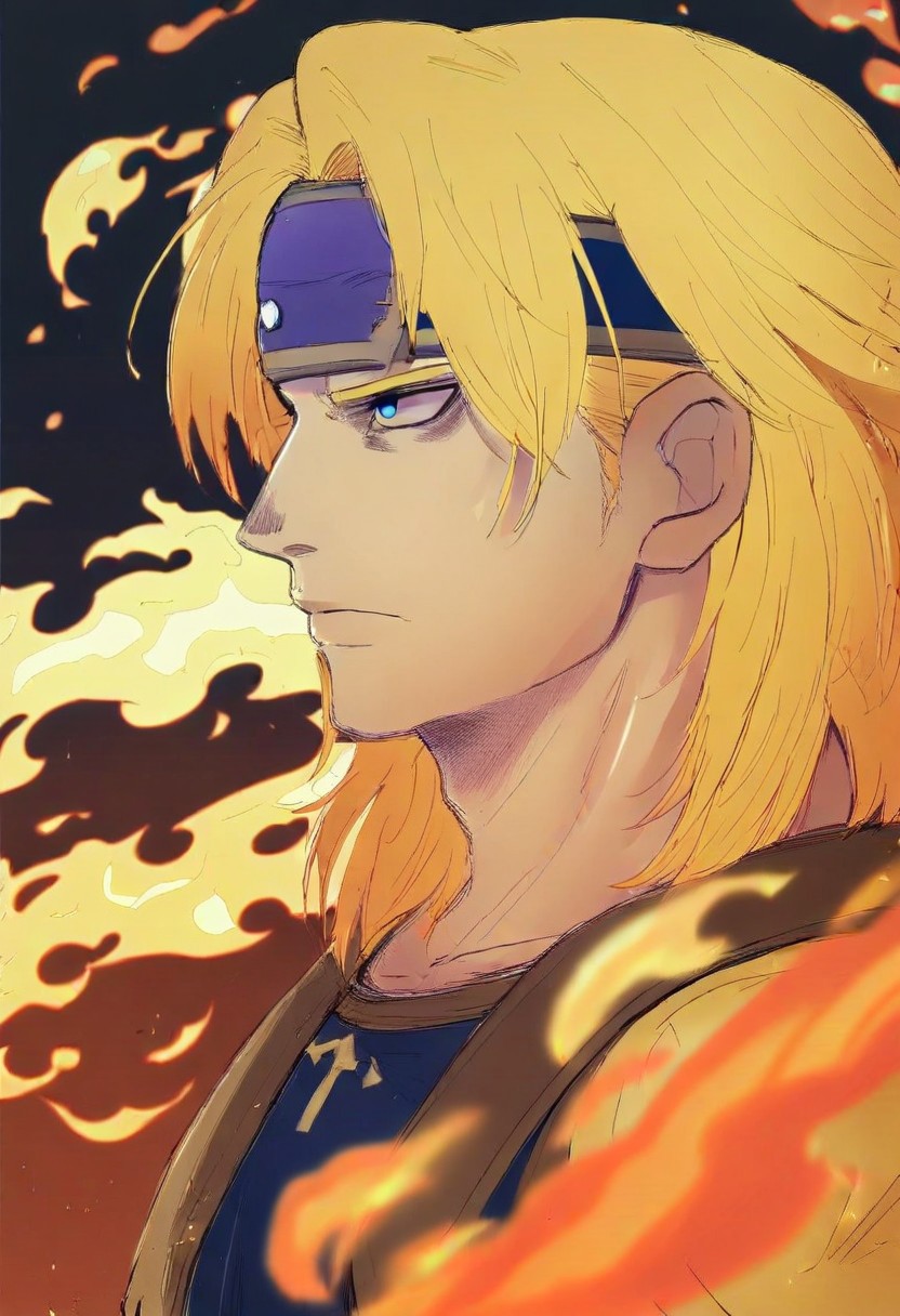 1boy, solo, portrait, profile, circlet, lips, expressionless, serious, nose, from side, blonde hair, medium hair, blue eyes, closed mouth, male focus, gradient, forehead protector, looking to the side, manly, eyebrows, fire, vest, embers