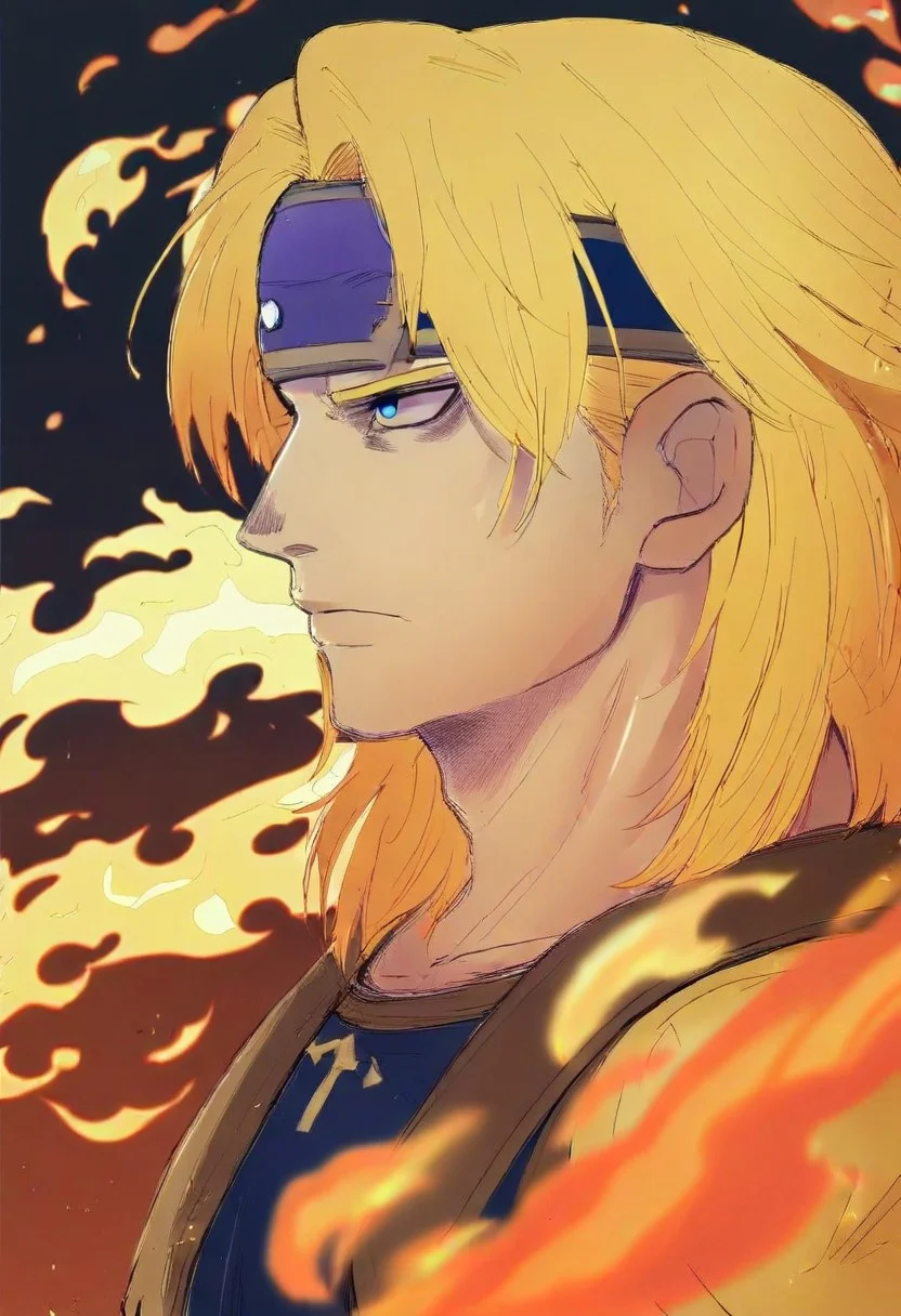 1boy, solo, portrait, profile, circlet, lips, expressionless, serious, nose, from side, blonde hair, medium hair, blue eyes, closed mouth, male focus, gradient, forehead protector, looking to the side, manly, eyebrows, fire, vest, embers