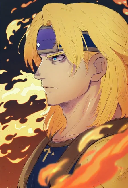 1boy, solo, portrait, profile, circlet, lips, expressionless, serious, nose, from side, blonde hair, medium hair, blue eyes, closed mouth, male focus, gradient, forehead protector, looking to the side, manly, eyebrows, fire, vest, embers