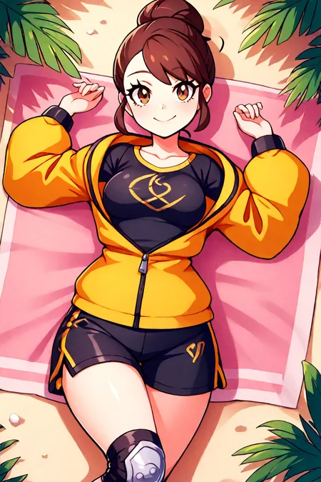 masterpiece, best quality, 32k, high resolution, absurdres, medium breasts, (curvy), cute, eyelashes, vivid colors, BREAK, ,,, , ,,, zzGloria, brown hair, brown eyes, gloriaDojo, yellow jacket, black shirt, black shorts, knee pads, short hair, single hair bun, collarbone, <lora:GloriaPokemonIXL:1.0>, ,,,, ,,, smile, looking at viewer, ,,, tropical beach, plants, laying on towel, zzDelfinoPlaza, <lora:Delfino_Plaza_SDXL_v2:0.8>, <lora:CatalystIXL:0.8>,