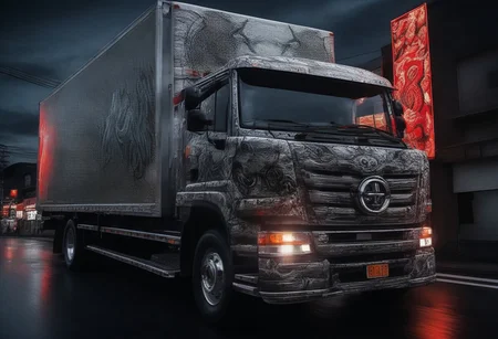 (masterpiece, best quality), highly detailed, ultra-detailed, (night), (city highway), (large truck), (truck bed side:1.3), (japanese tattoo style:1.4), (evil snake:1.5), (serpent scales), (detailed scales), (snake fangs), (glowing red eyes), (menacing), (dark color scheme), (headlights on), (streetlights:1.2), (motion blur:0.8), (high speed), (asphalt road), (reflections), (night atmosphere),Japanese truck