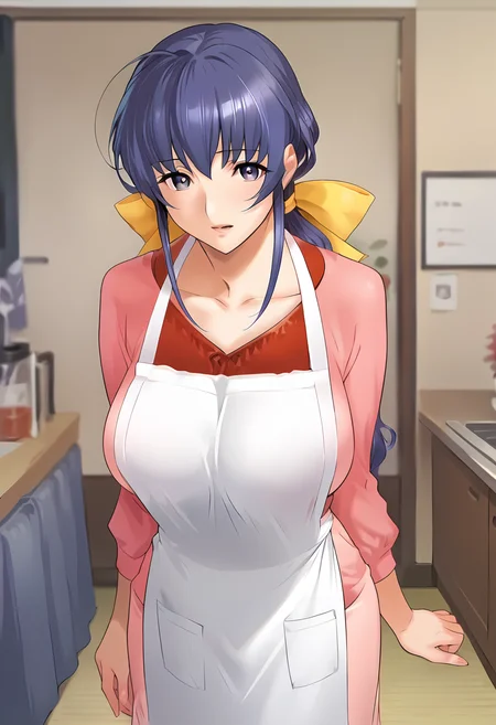 score_9, score_8_up, score_7_up, source_anime, masterpiece, 1girl, ct_haruka, blue hair, ponytail, hair bow, large breasts, pink shirt, long sleeves, apron, light pink long skirt, looking at viewer, indoors, japanese home, <lora:HarukaOgihara_Pony_ct:1>
