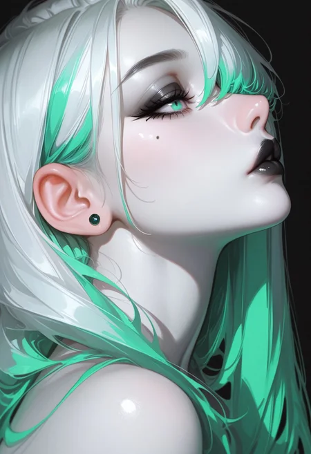 masterpiece, best quality, good quality, very aesthetic, absurdres, newest, 1girl, solo, longhair, side profile,neon green colour hair, long hair, hair over one eye, fingernails, eyelashes, full lips, mole under eye, Pale white skin, makeup, half-open eyes, portrait, lipstick, close up, nose, stud earrings, black lips, mascara, realistic, Cinematic Lighting, bare shoulder, solemn look, oled black background, strong shadows
