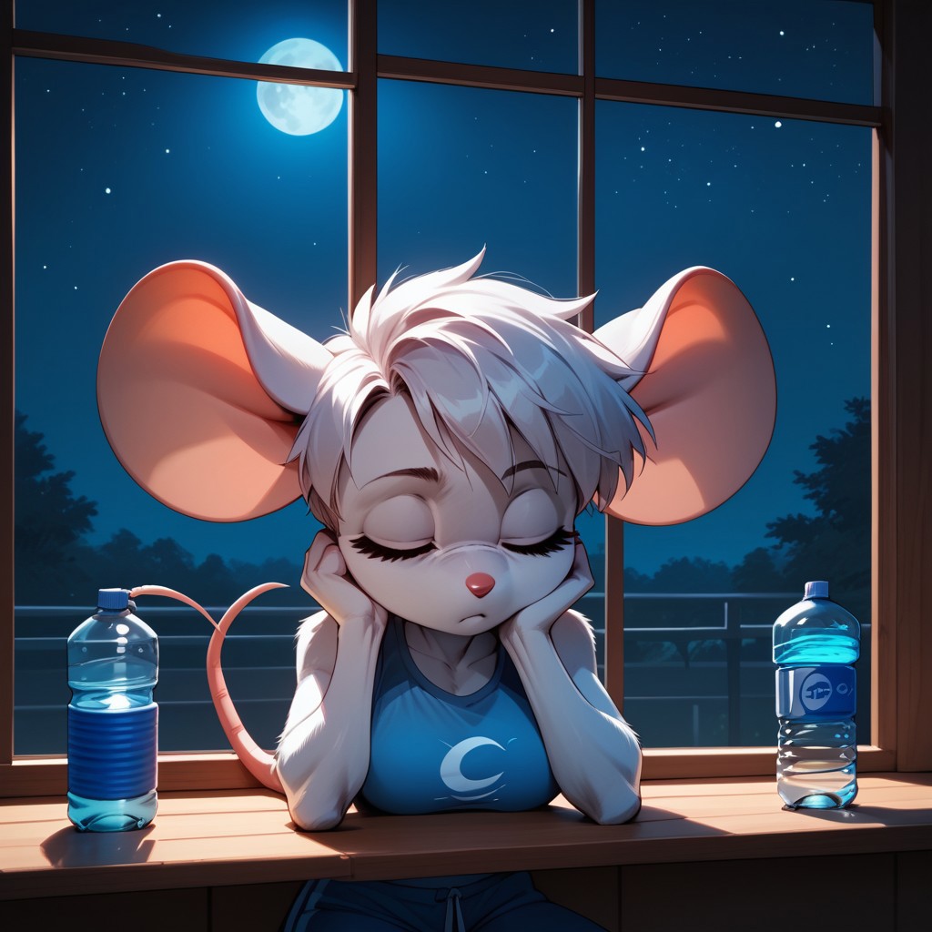 score_9, score_8_up, score_7_up, anime style, anthro mouse, B3ck13M0us3, Drinking water bottle, sleepy, eyes closed, Window, night, moon, Straight on, full shot,
