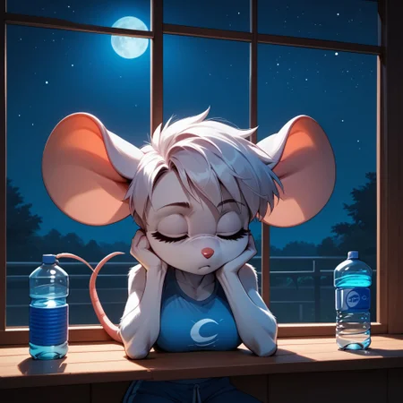 score_9, score_8_up, score_7_up, anime style, anthro mouse, B3ck13M0us3, Drinking water bottle, sleepy, eyes closed, Window, night, moon, Straight on, full shot,