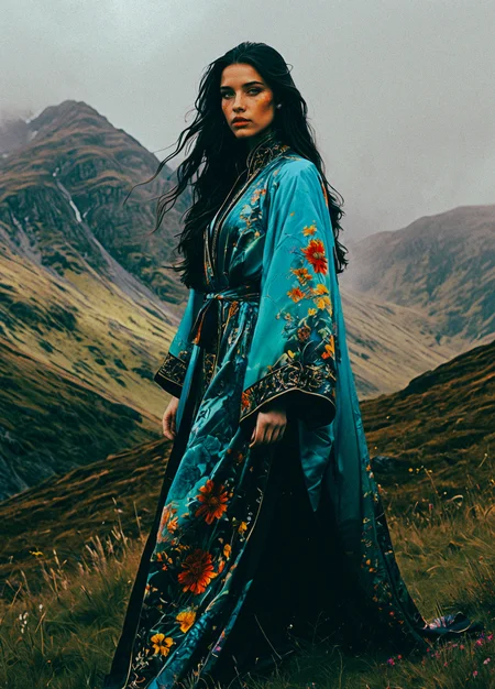 (simple cartoon sketch:1.55)
young woman, 23yo, full body shot, detailed face, highly detailed,
1girl, masterpiece, best quality, long hair, dark hair, pale skin, cute face, dark hair, light eyes
1girl, adult, alluring, dark fantasy, European landscape,
A hyper-realistic anime woman in a flowing robe adorned with intricate multicolored floral patterns, (florescent floral patterns:1.35) on robes, glowing vividly with hues of sapphire blue, emerald green, ruby red, golden yellow, and amethyst purple. Each flower features thick, luminous outlines matching its color, creating a mesmerizing contrast against the robeâs dark crimson and black base. The high collar and sweeping train remain intact, now radiating with a magical, dynamic vibrancy. Her partially pulled-back hood frames her determined face, illuminated softly by the glow of the multicolored floral designs. She strides through a dramatic Scottish Highlands backdrop, rendered in photographic realism with rolling mist and jagged mountain peaks. (The cool greens and grays of the misty terrain enhance the warmth and brilliance of the glowing patterns.:1.15) (The lighting is cinematic, with overcast skies casting a diffused, ethereal glow, while the floral patterns emit a faint, magical light.:1.2) HD quality, R-ESRGAN 4x+, cinematic depth of field, dynamic contrast. <lora:Elegence_Niji:0.54> <lora:Purple_Grace_v2:0.75> <lora:HyperdetailedColoredPencilIlustrious:0.5> <lora:mot_wwm:0.51> <lora:fenn_neoncolor:0.47>