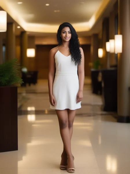 desilatte, woman, natural lighting, studio quality, in a hotel lobby, full body, black hair <lora:DesiCoffeeSDXL:0.65>