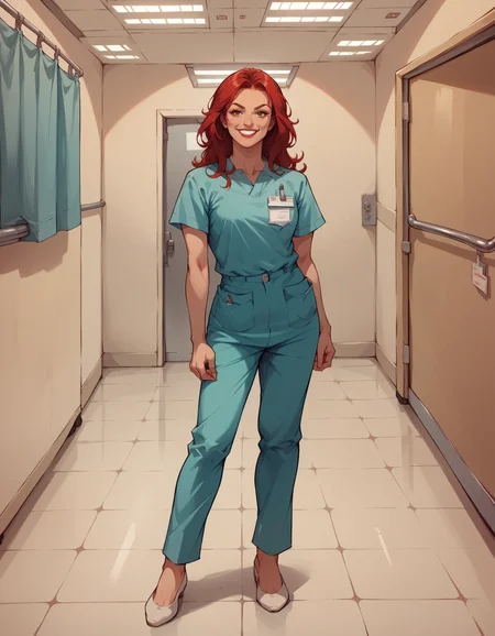 score_9, score_8_up, score_7_up, score_6_up, best quality, 1girl, long red hair, lipstick, hud_scrbs, short sleeves, shirt, pants, pocket, <lora:hud_scrbs_XLP:0.7>, hospital, full body, standing, smile