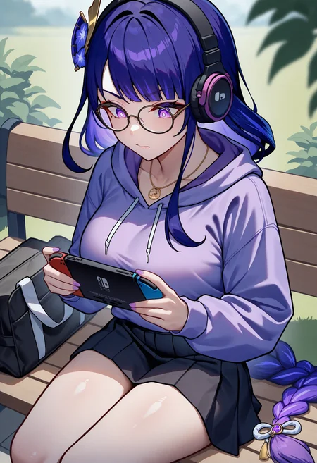 masterpiece, best quality, newest, absurdres, highres, 1girl, raiden shogun, purple hair, sidelocks, purple eyes, glasses, bespectacled, headphones, hair ornament, purple hoodie, hood down, drawstring, long sleeves, necklace, jewelry, bag, pleated skirt, black skirt, contemporary, casual, sitting, outdoors, holding handheld game console, nintendo switch, playing games, intense, looking down, (realistic:0.4)