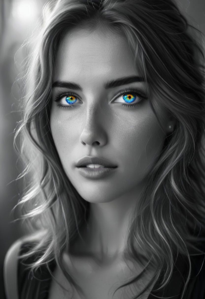 Masterpiece, realistic picture, thoughtful woman, black and white face tones,. professional advert photography, Rainbowiridal eyes