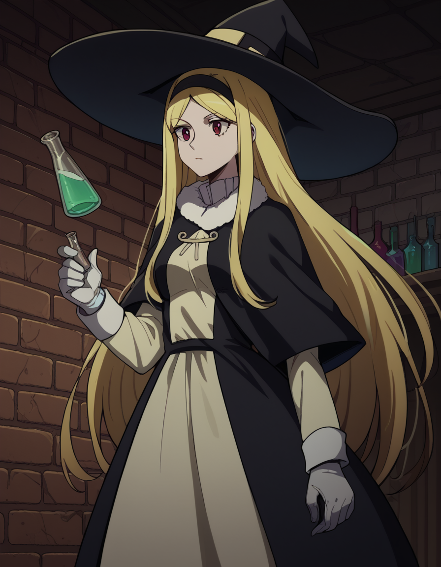 score_9, score_8_up, score_7_up, source_anime, <lora:elizabeth-greenhough-smith-s1-ponyxl-lora-nochekaiser:1>, elizabeth greenhough smith, long hair, blonde hair, red eyes, very long hair, hairband, parted bangs, black hairband, medium breasts,, <lora:wizard-ponyxl-lora-nochekaiser:1>, wizard, wizard hat, robe, dress, long sleeves, gloves,, indoors, bricks, potion, flask, vial,, cowboy shot,, , dutch angle, cowboy shot