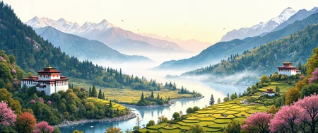 Tranquil watercolor rendering of a serene Bhutanese valley at dawn, where ancient Buddhist prayer flags flutter gently across terraced rice fields nestled between towering Himalayan peaks. Morning mist curls between emerald-green mountainsides dotted with traditional dzong fortresses, their white walls and red-banded roofs gleaming in the golden early light. Flowering rhododendron forests create splashes of vibrant pink and red against the verdant landscape. A winding mountain stream reflects the soft pastel sky while distant snow-capped summits rise majestically above the scene. Small groups of native blue sheep graze peacefully on distant slopes. The atmospheric perspective captures layers of mountains fading into bluish haze, creating profound depth. Hyper-detailed 8K resolution showcasing the interplay of light and shadow across the textured landscape, with delicate brushwork highlighting the traditional Bhutanese architectural elements seamlessly integrated with the natural environment. <lora:MushyFunk:0.6> <lora:FluxDFaeTasticDetails:0.2> <lora:RM_Artistify_v1.0M:0.3> <lora:ç»ªå¿ CGé£æ»¤éFLUX:0.6> <lora:é»è²å¹»æ³_1.0:0.2> <lora:flux_dev:1>