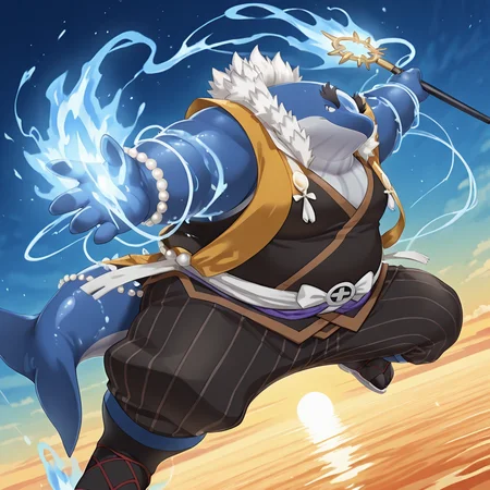 <lora:kii-14:1> t-kii, whale boy, 1boy, dynamic pose, dynamic angle, japanese clohtes, yellow_jinbaori, fur_trim, short_stole, brown yukata, huge obiage, (black tabi), striped_capri_pants, waraji, pearl tail, (red_trim), sleeveless, incoming attack, horizon, holding_shakujou, blue fire, ankle_socks, radiant reflections, rich color tones, deep contrast, intricate textures, luminous lighting, cinematic ambiance, shimmering gradients, ethereal glow, best quality, colorful, masterpiece, detailed_background,