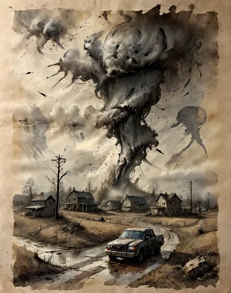 excellent details and textures, intricate details, high-definition, depht of field, realistic depiction of dim light and shadow, ultra realistic, ultra high res
<lora:MJ52:0.8> <lora:ParchartXL_CODA:1>
ink splashes, ink spots, ink smears, on parchment with scratches & holes,
An elaborately detailed illustration about an tornado on tattered paper