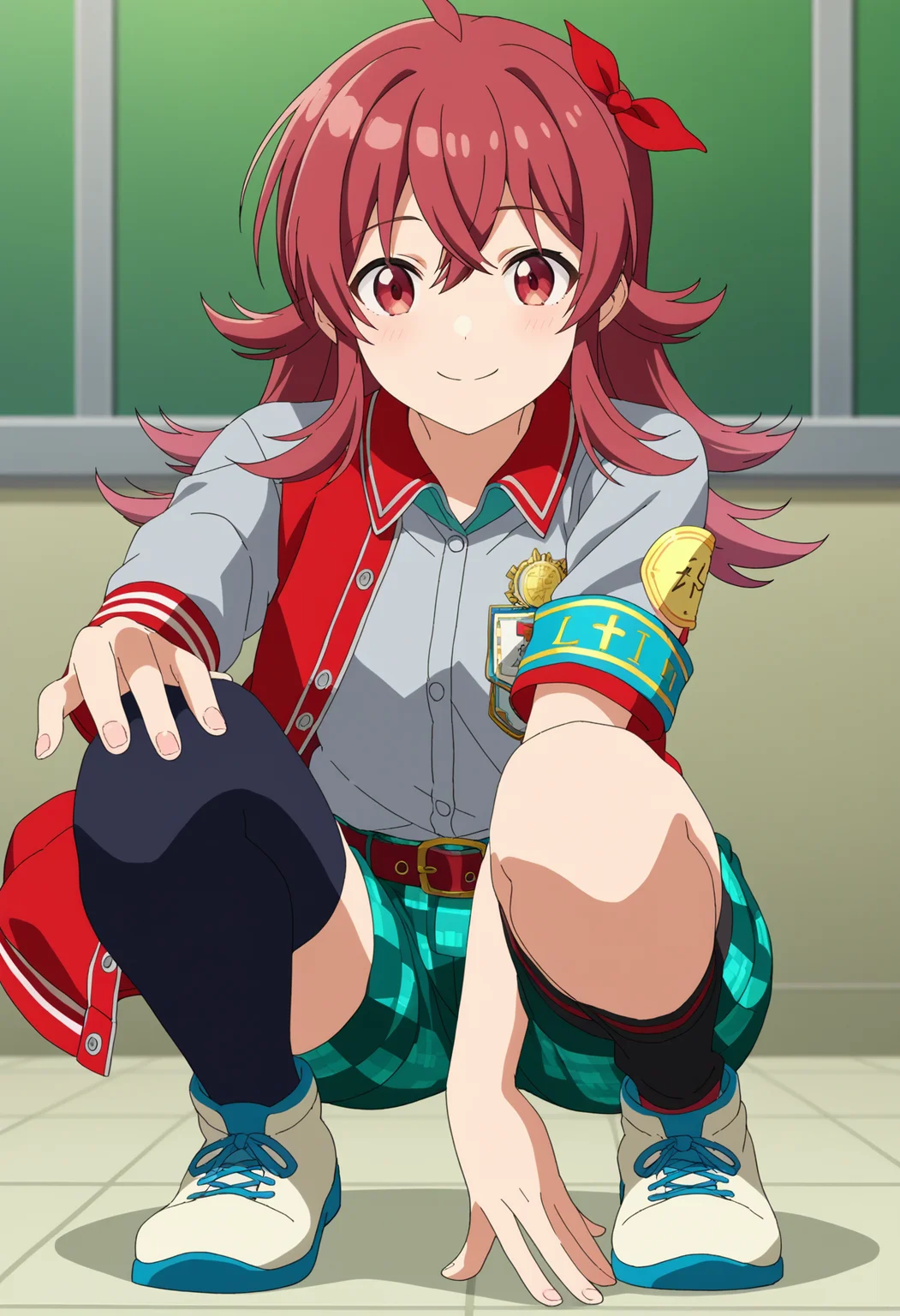 score_9, score_8_up, score_7_up, source_anime,
BREAK
1girl, solo, anime screencap, anime coloring,
<lora:shiKomiyaKahoV1:1.0>,
shikomiyaproidol, long hair, red hair, red eyes, hair between eyes, ahoge, red ribbon, hair ribbon, hair bow,
short sleeves, grey shirt,
red jacket, letterman jacket, open clothes, multicolored clothes, armband, asymmetrical sleeves,
green shorts, plaid, belt,
single sock, black thighhighs, asymmetrical legwear, mismatched legwear, uneven legwear,
white footwear, shoes,
looking at viewer, smile, squatting,