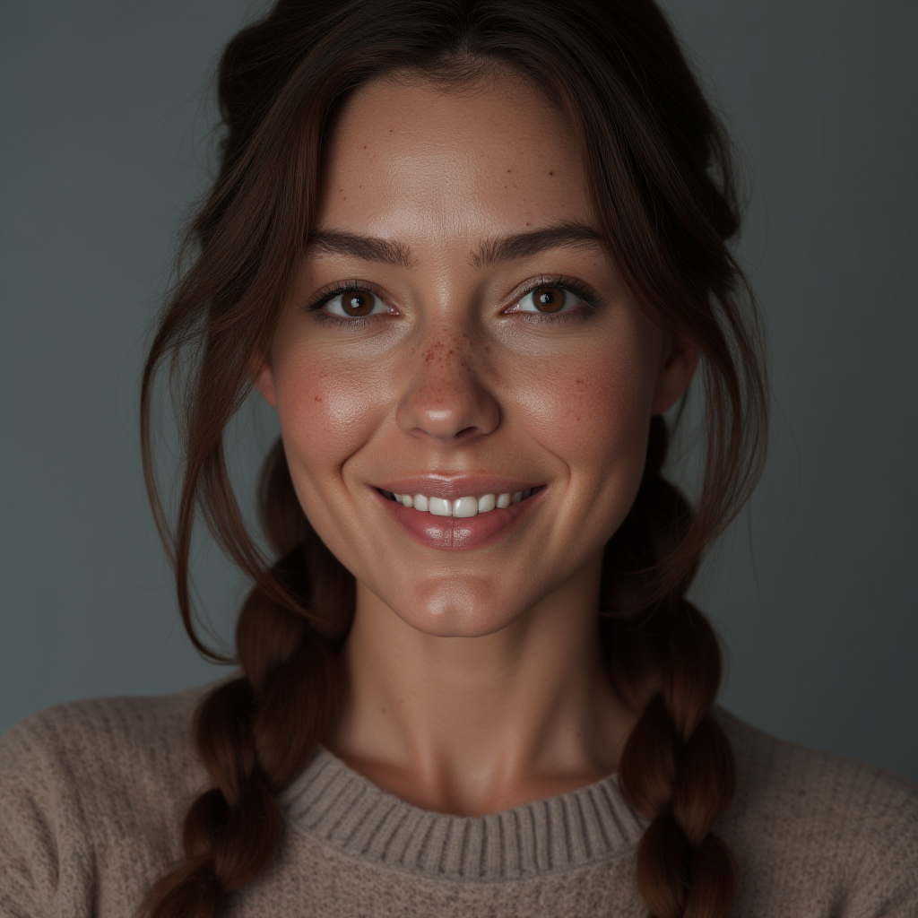 UHD, 4k, ultra detailed, cinematic, a photograph of  <lora:skin texture style v5:1>
detailed photorealism style, hyperrealism art style, realistic textures, photorealistic style, Hyperrealism (visual arts), A cinematic skin texture style still image of a woman with a braid in her hair and many freckles, detailed skin pore, film still, still photography style, sharp style, detailed style, perfect style, perfection style, Kodak film skin tone style, fujifilm skin tone style, professional photography style, skin textured, skin texture style, 1girl, solo, long hair, looking at viewer, smile, simple background, brown hair, brown eyes, braid, teeth, grey background, grin, single braid, portrait, realistic, sweater, freckles, horror (theme), black eyes, photorealistic, realistic skin style, epic, beautiful lighting, inpsiring