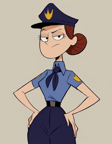 <lora:FostersMallcoppony:1> mall cop, 1girl, brown hair, hair bun, solo, uniform,necktie, single hair bun, looking at viewer, hand on own hip, standing,simple background,, score_9, score_8_up, score_7_up, score_6_up, score_5_up, score_4_up