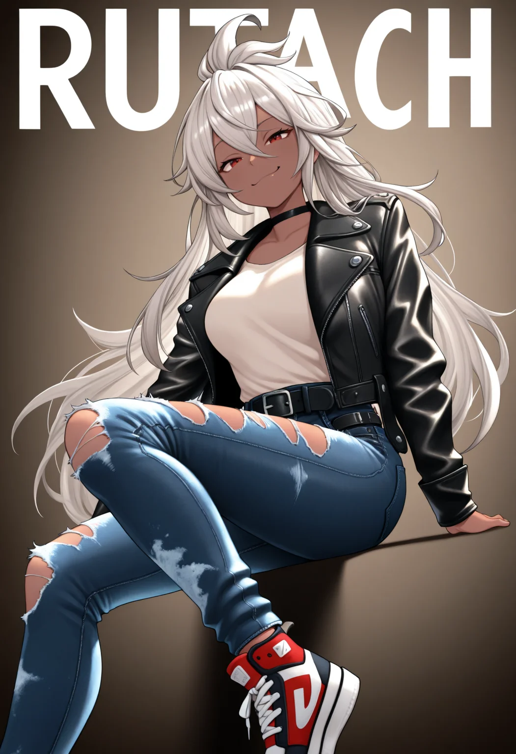 masterpiece, best quality, 1girl, solo, Z00ey, red eyes, grey hair, long hair, ahoge, dark skin, leather jacket, open jacket, black choker, jeans, torn jeans, black belt, sneakers, sitting, invisible chair, smile, smug, magazine cover, pose, dynamic pose, photo shoot, <lora:ChamZooeyNoob:1>