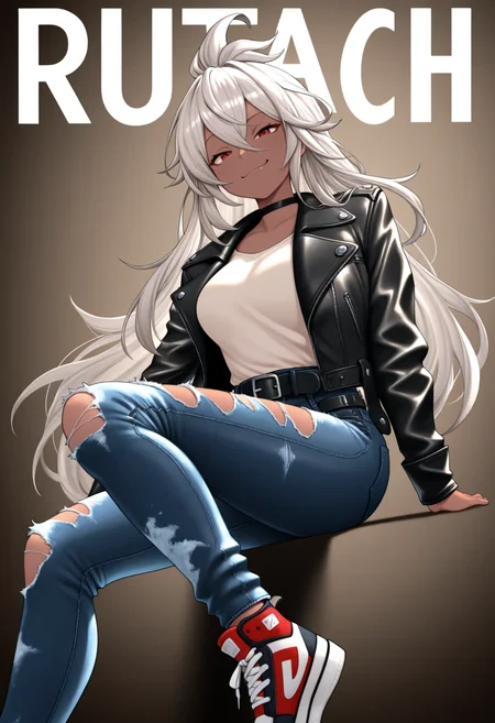 masterpiece, best quality, 1girl, solo, Z00ey, red eyes, grey hair, long hair, ahoge, dark skin, leather jacket, open jacket, black choker, jeans, torn jeans, black belt, sneakers, sitting, invisible chair, smile, smug, magazine cover, pose, dynamic pose, photo shoot, <lora:ChamZooeyNoob:1>