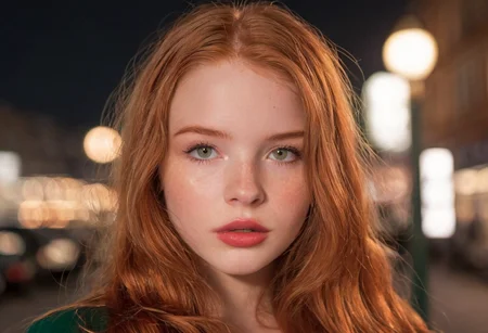 UHD, 8K, ultra detailed, a cinematic photograph of (EuroBabe, ginger, teen, Western, green eyes, glossy lipstick, dusk, city lights, bokeh), beautiful lighting, great composition