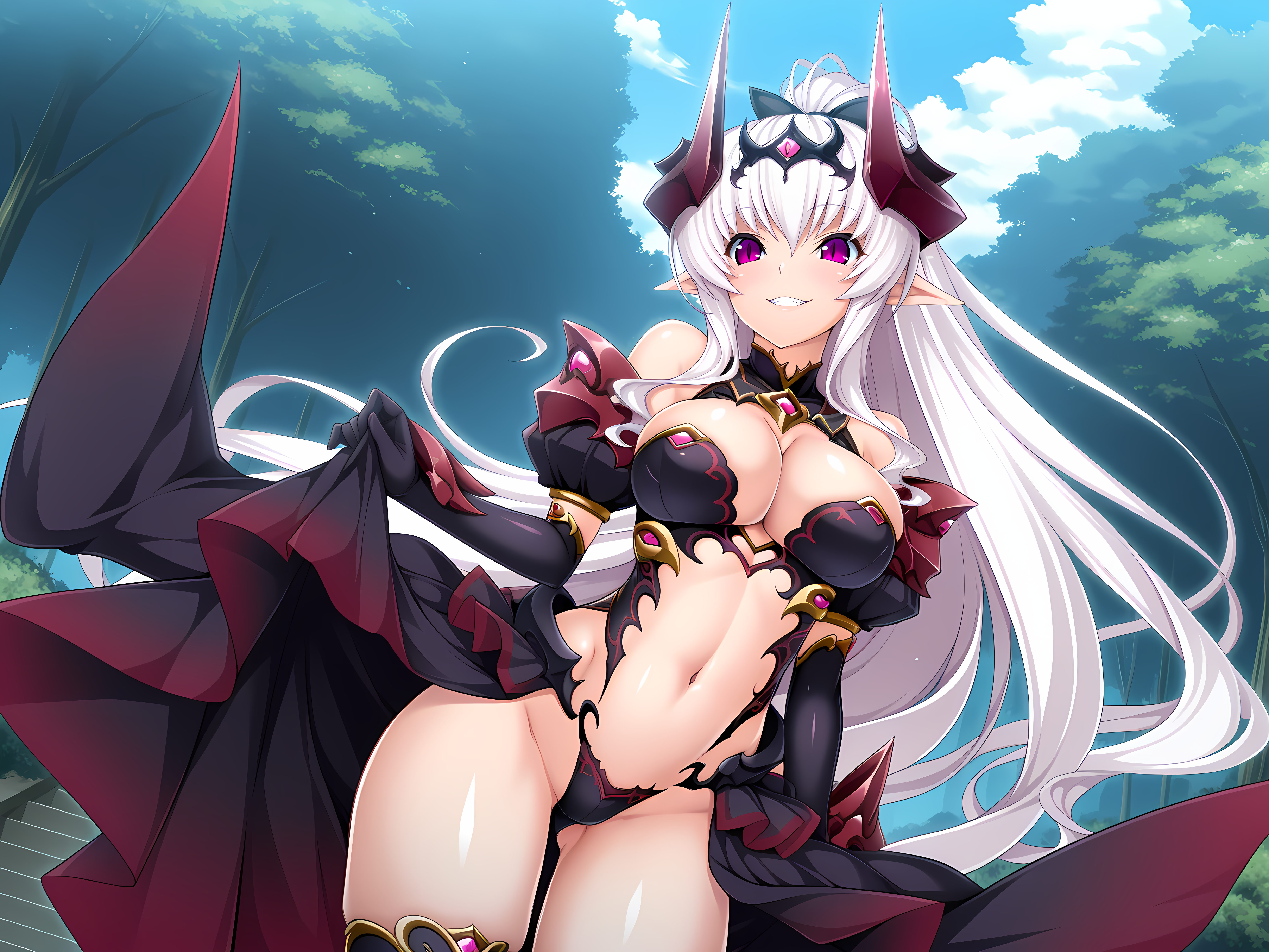 <lora:Ries_-_Illustrious:0.9>,demon chevalier,lusterise,cowboy shot,long hair,large breasts,grin,outdoors,standing,horns,navel,midriff,, masterpiece,best quality,amazing quality,