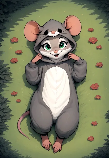 score_9, score_8_up, score_7_up, score_6_up, score_5_up, score_4_up,
[][][][][]
m0use_goldie, cuillu, outdoors, lying, grass, rat onsie, barefoot, animal costume, tail, cute, (grey fur, grey ears, green eyes), (high angle view:1.4), (look at viewer:1.8), (open mouth:0.7), 