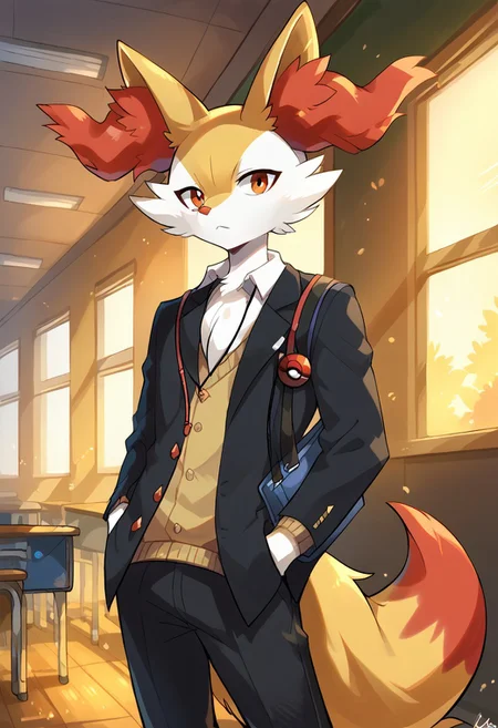 score_9, score_8_up, score_7_up, rating_safe, anthro, 1boy solo, furry, Braixen_(Pokemon), no humans, Yellow-White Fur, school uniform, gakuran, hand in pocket, pants, black pants, long sleeves, jacket, headphones,Braixen_\(Pokemon\), Yellow-White Fur,Two-Tone Fur,Crimson Eyes,Black furred legs,pointy ears,Red Ear Fluff,Red Tipped Tail, male school uniform,AddXL,ITMStyle, dynamic background, detailed background, school bag, indoors, school desk, classroom, carrying guitar case,