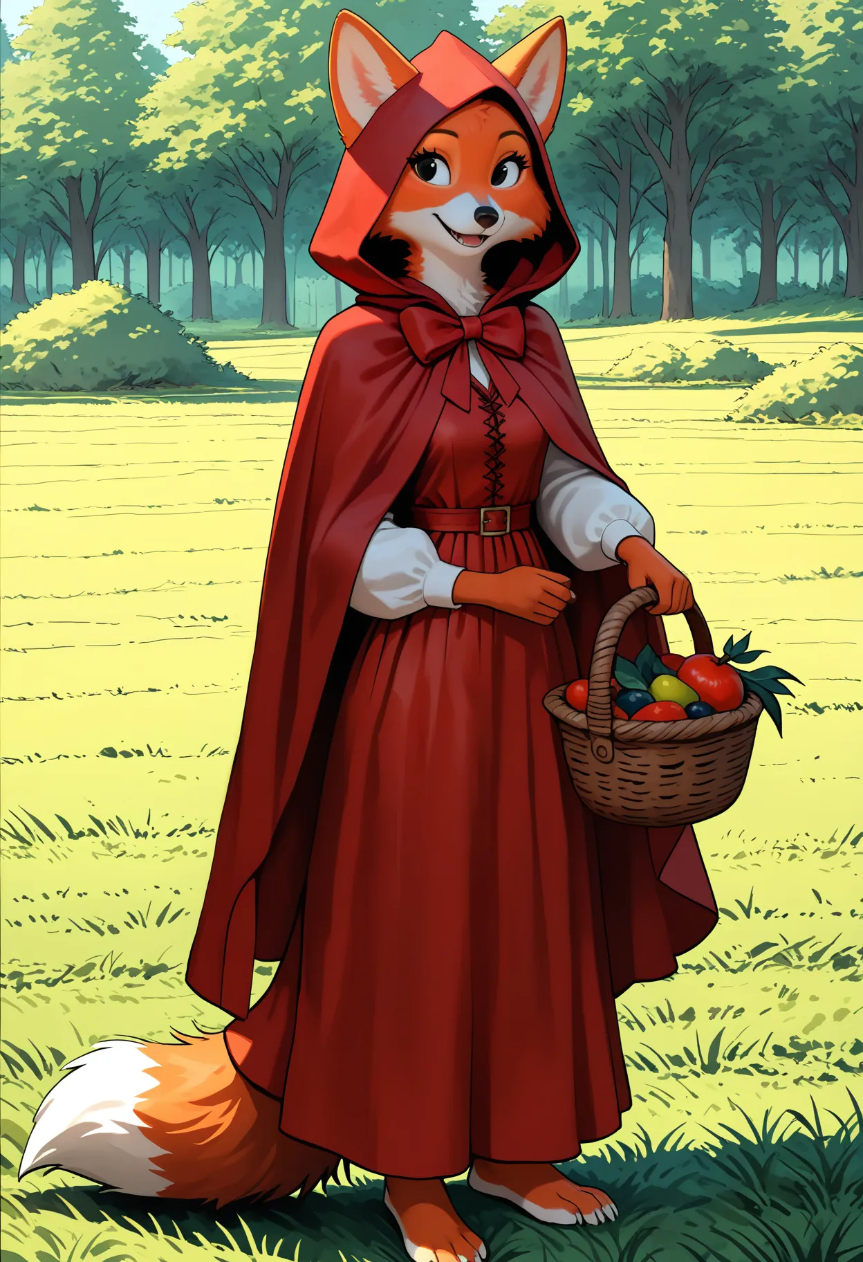 masterpiece, best quality, newest, absurdres, highres, safe, beautiful lighting, detailed, realistic, BREAK,
on model, 1girl, solo, marianc, female, orange fur, black nose, tail, white tipped tail, black eyes, traditional art, mouth closed, smile, open smile, happy, barefoot, looking to side, holding basket, red cloak, hood up, red bow, red dress, white chemisec, field, forest, outdoors, tail under clothing, white soles, fruit basket, fruit, standing, full body, from front, medium breasts, fox, ears
, <lora:Marian_v10Noob3-9s96:0.8>    <lora:noobai_ep11_stabilizer_v0.138_fp16:0.8>