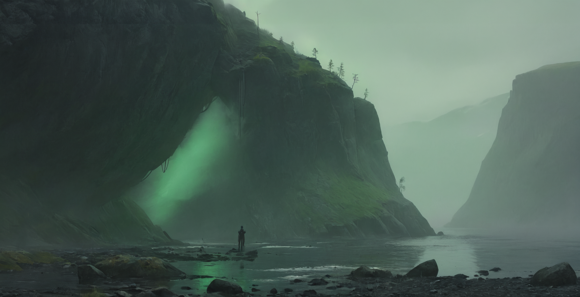 best quality, masterpiece, raw photo, 8k, uhd, cinematicpainting, a norway landscape,sharp cliff,dark green tones,mist,fog    <lora:Cinematic_Painting_XL_V02:1>