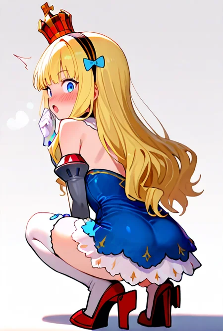 masterpiece, High quality, Ultra detailed, 2d, newest, absurdres, highres, BREAK
1girl, solo, <lora:QNELI_v2_LISETTElora:0.8>, qneli, long hair, blonde hair, mini crown, black hairband, blue eyes,
small breasts, qnelidef, blue bow, short dress, dress, bare shoulders, detached sleeves, white gloves, white thighhighs, footwear, rudder footwear,
from behind, back, squatting, looking at viewer, blush, surprised, open mouth, steam, hand up,