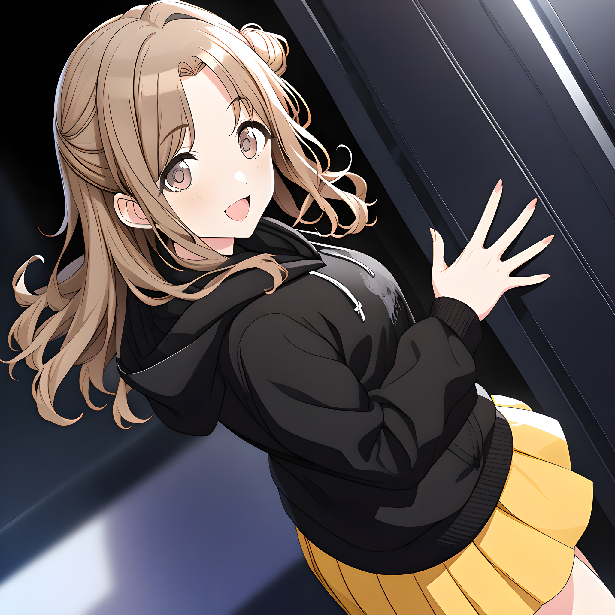 (masterpiece),(best quality),(ultra-detailed),(best illustration),(best shadow),(absurdres),(detailed background),(very aesthetic),
ichikawa_hinana, 1girl, solo, skirt, pleated skirt, hair bun, long hair, brown hair, hood, yellow skirt, hoodie, brown eyes, looking at viewer, single side bun, smile, black background, open mouth, single hair bun, long sleeves, miniskirt, black hoodie, bangs, casualoutfit, blurry background, 
<lora:Ichikawa_Hinana:1>
