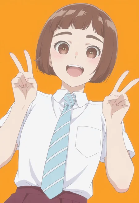 anime screencap, anime coloring, <lora:DX888KazusaIL:1> onodera kazusa, brown eyes, thick eyebrows, brown hair, short hair, bob cut, blunt bangs, BREAK simple background, orange background, BREAK school uniforme, white shirt, striped necktie, skirt, BREAK 1girl, cowboy shot, double v, hands up, happy, looking at viewer, open mouth, solo, teeth, upper teeth only, v, upper body, from from below, dutch angle,