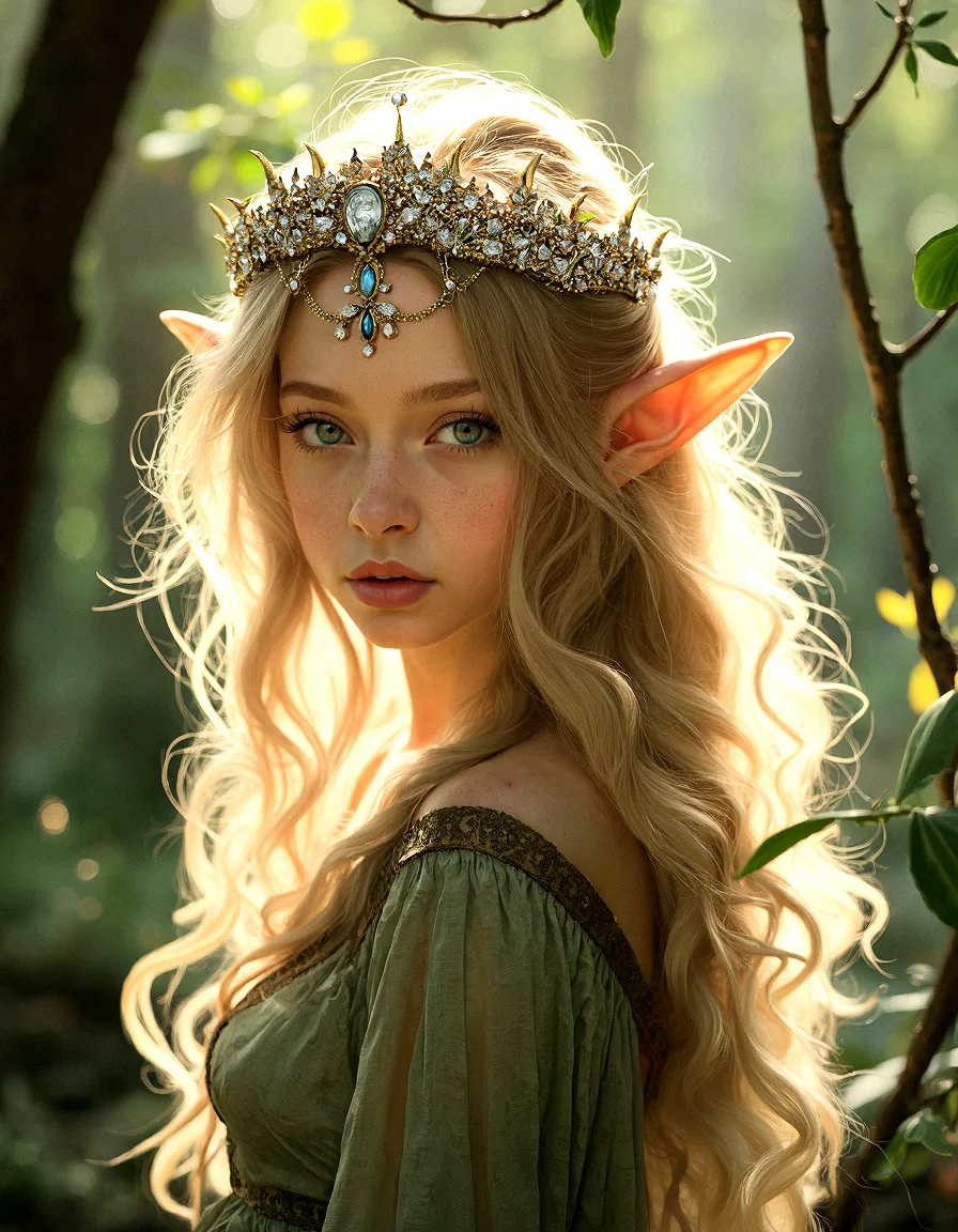 Extreme photorealistic depiction of a Serene young elven princess under soft sunlight, A graceful, fantasy character with intricate attire,intricate elven tiara, beautiful elven pointy ears, and very smooth skin standing peacefully in a sun-dappled forest, looking at viewer with a soft, loving look with eyes slightly distant.Gently brushing her hair aside,