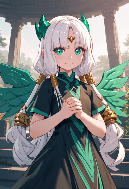 score_4,score_5,score_6,score_7_up,score_8_up,score_9 ((masterpiece,best quality,ultra detailed,highres,HD,4k:1.2)),
1 girl, solo,solo focus,girl focus,face focus,
1girl,solo,girl focu,solo focus,face focus,
very long hair,white hair,twintails,hair ornament,horns,forehead jewel,green eyes,
dress,barefoot,green wings,
own hands together,
smile,