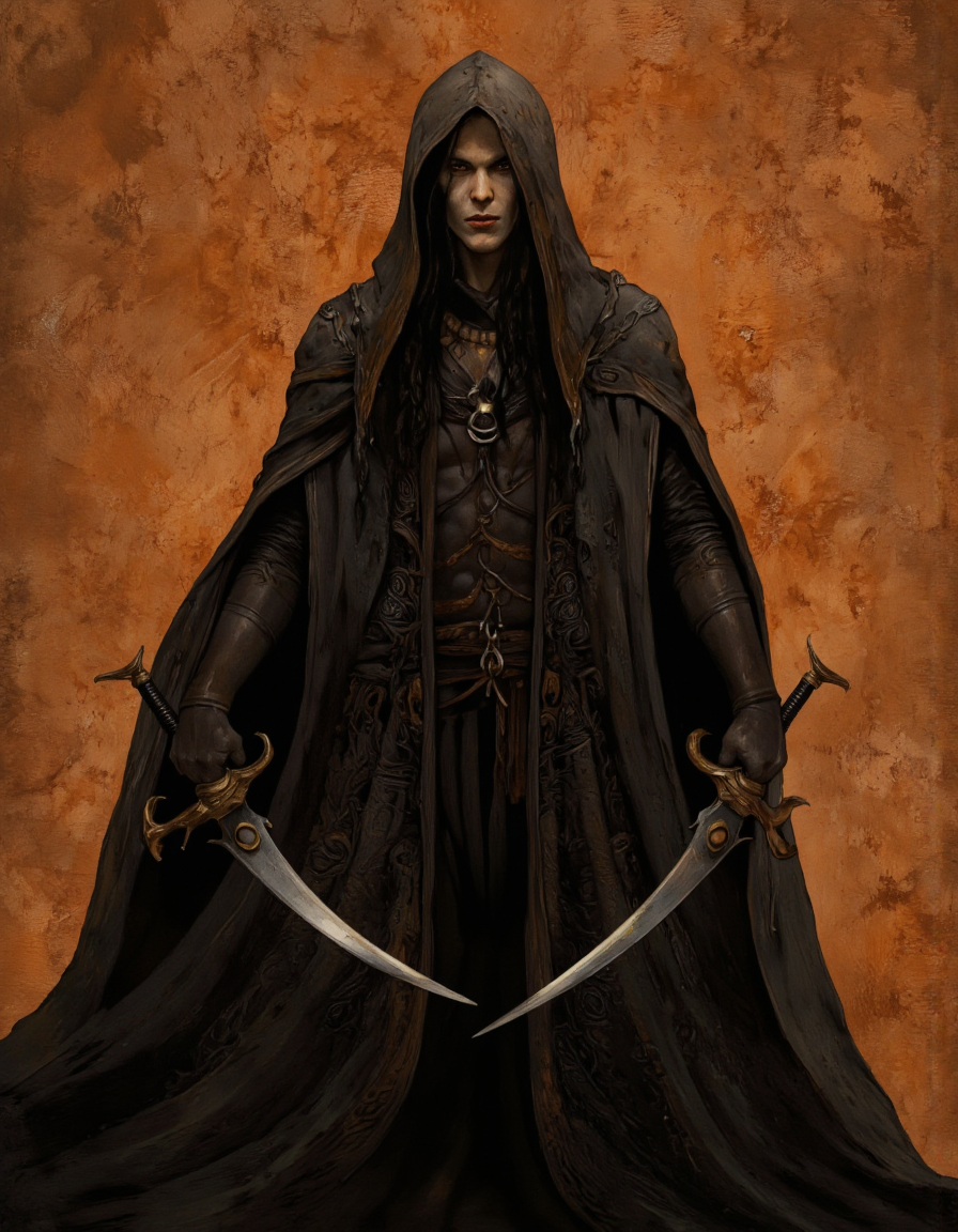 . A dark, ominous digital illustration shoot from a straight-on camera angle about a menacing figure with a long, flowing black cloak and sharp, curved swords, standing in the middle of the image. the figure appears to be a male, with a pale skin tone and a menacing expression, wearing a dark, textured cloak with intricate patterns and a hood that covers his face. he has long, dark hair that falls down to his back, and his hands are gripping the handles of his swords tightly, as if ready for battle. the background is a textured, orange-brown gradient, giving the image a sense of depth and atmosphere. the overall mood is dark and foreboding, with the figure standing confidently in the center of the frame, exuding an ominous presence.